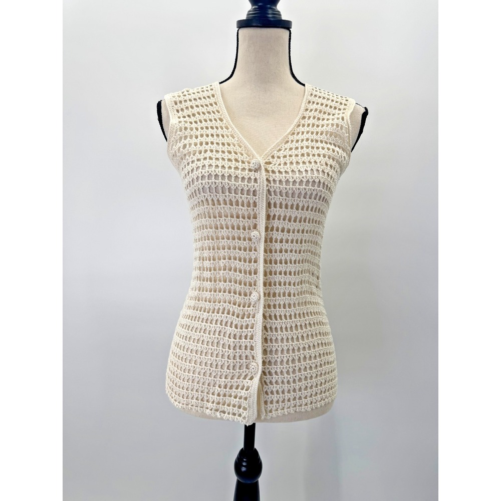 Vintage Dandyline Crochet Open Knit Vest Sweater Top Large Boho Cottage Button